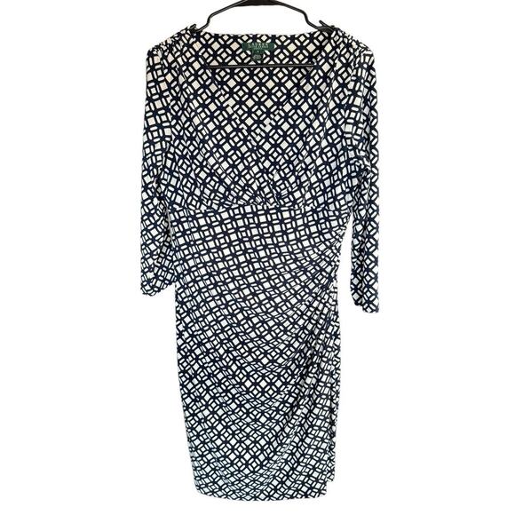 Lauren Ralph Lauren 12 Faux Wrap Dress Black white 3/4 Sleeve Splice Bodice - Picture 1 of 6